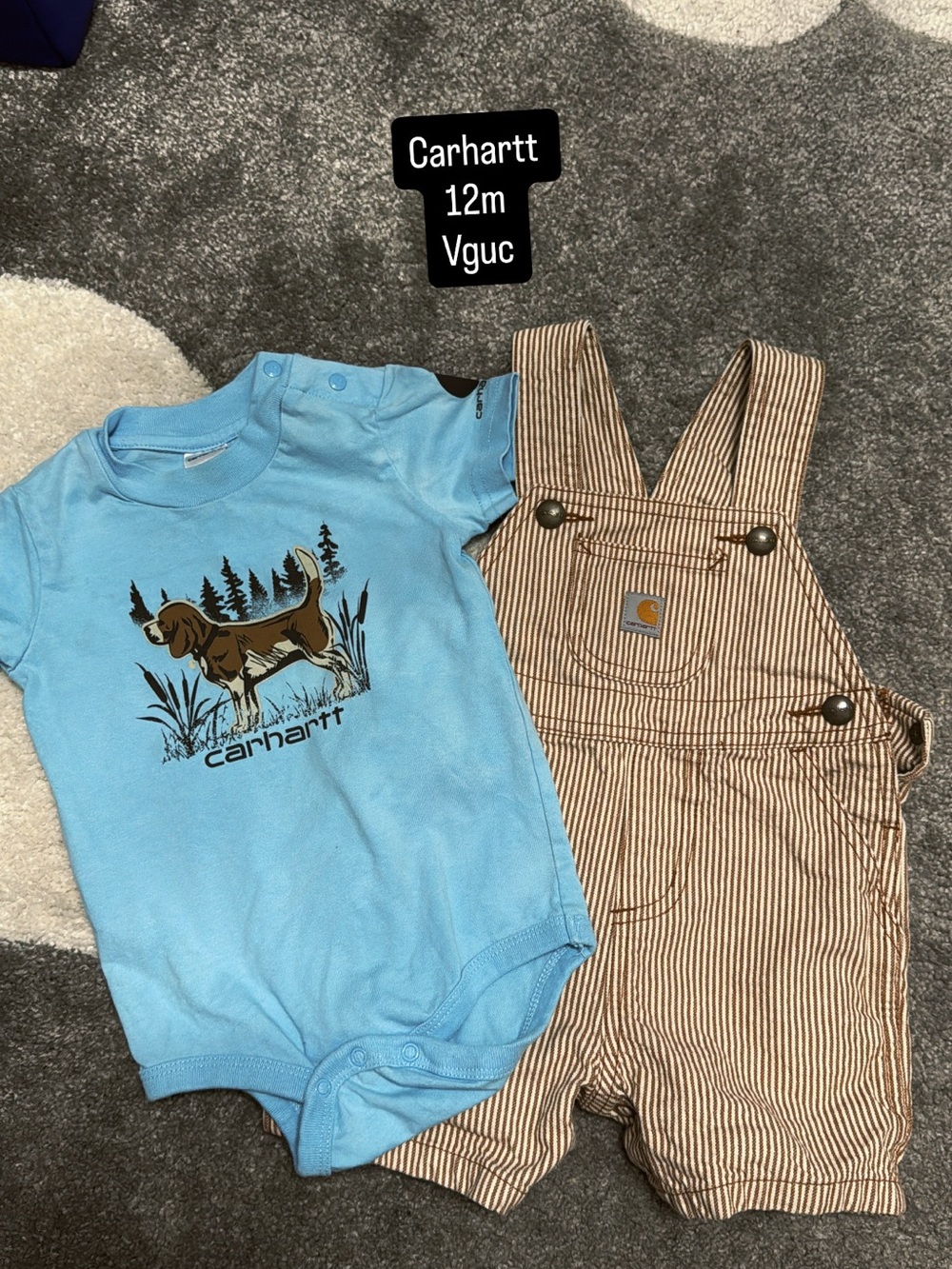 Carhartt Blue Dog Graphic Bodysuit with Brown Stripe Overalls Set